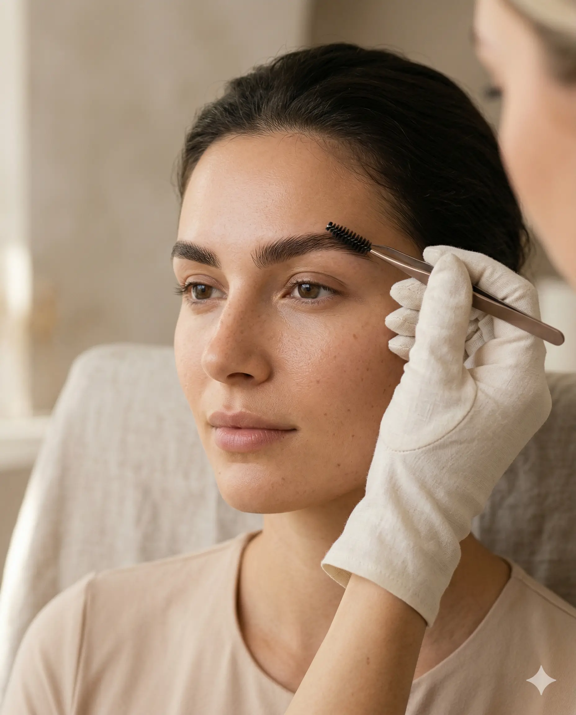 Close-up brow grooming with a spoolie in a clean premium studio setting.