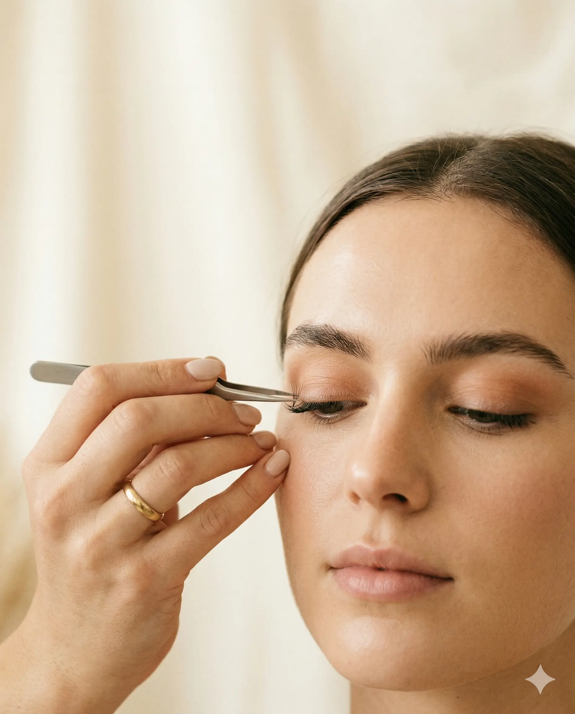 Close-up lash application in warm editorial light.