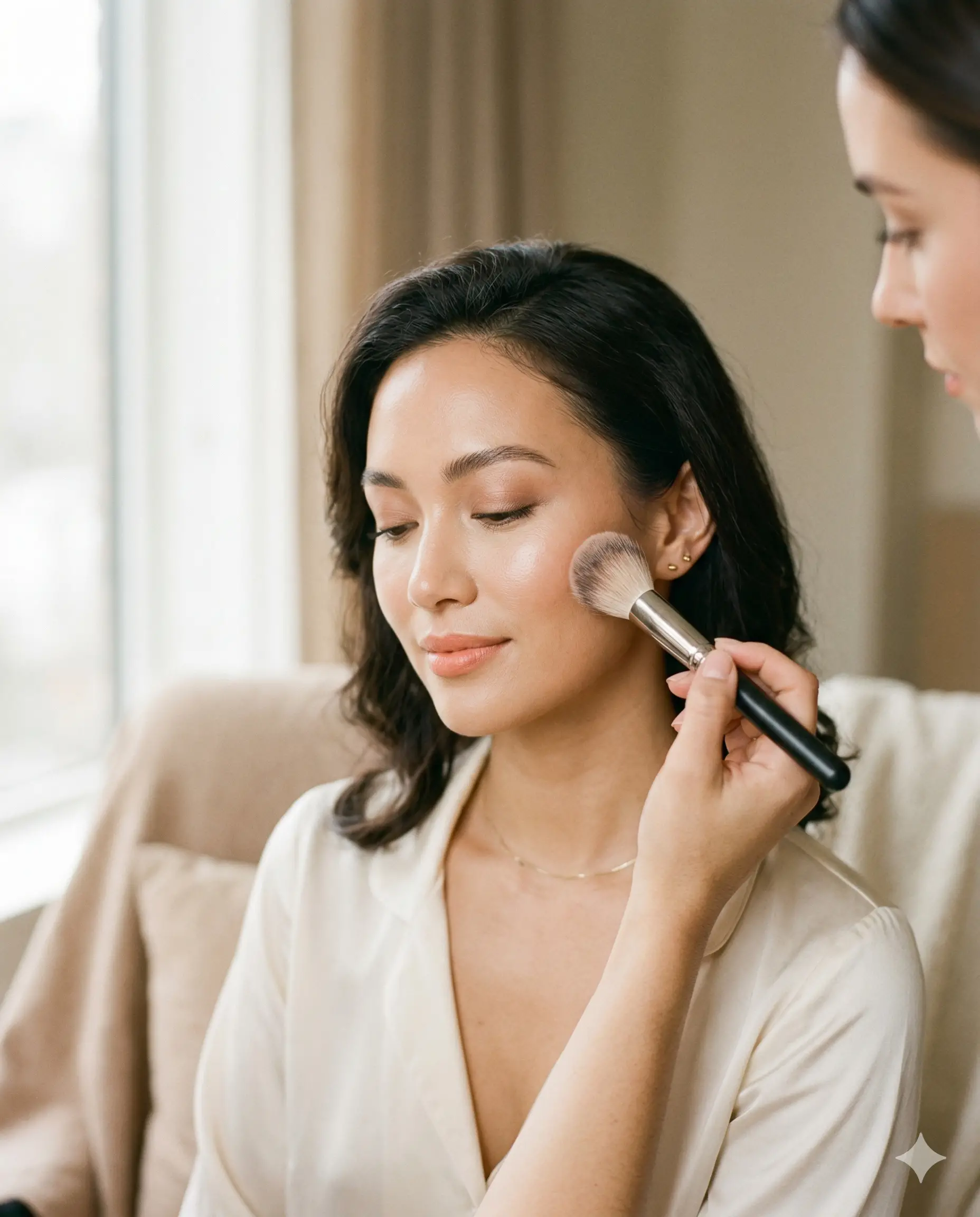 Makeup artist applying blush in a softly lit editorial beauty setting.