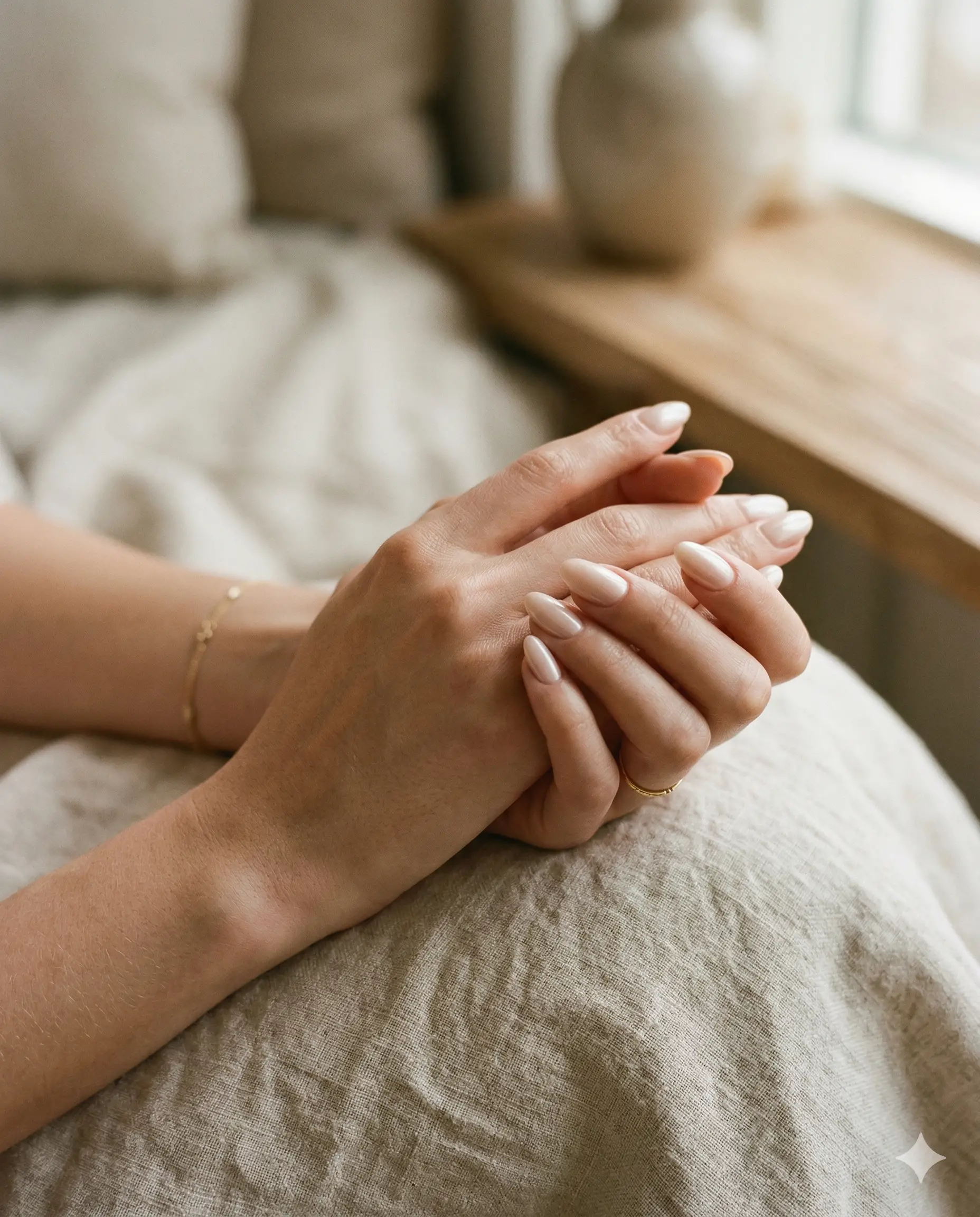 Refined manicure close-up with sculpted neutral nails and soft natural light.