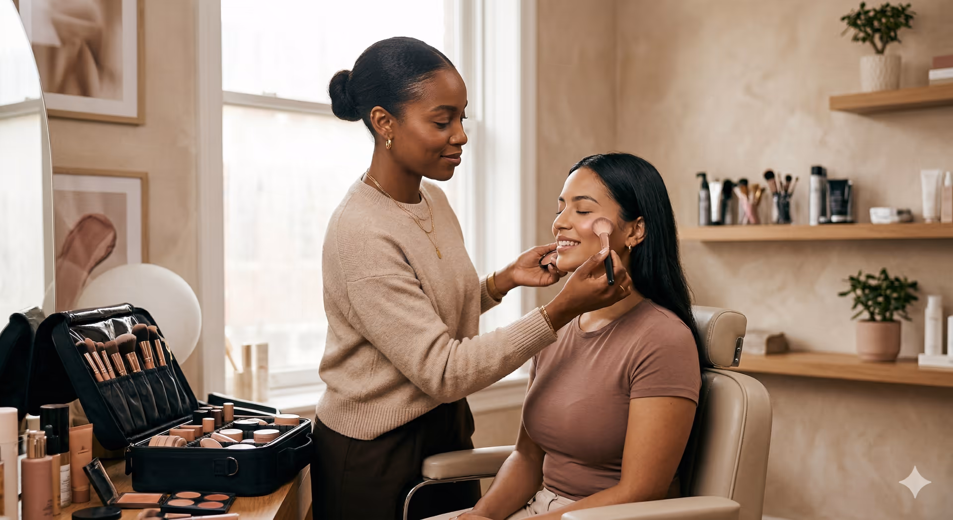 Beauty professional applying makeup for a seated client in a warm, softly lit studio.
