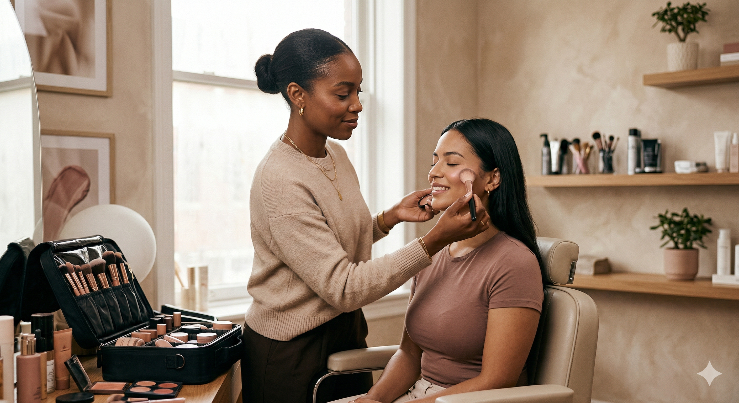 Beauty professional applying makeup for a seated client in a warm, softly lit studio.