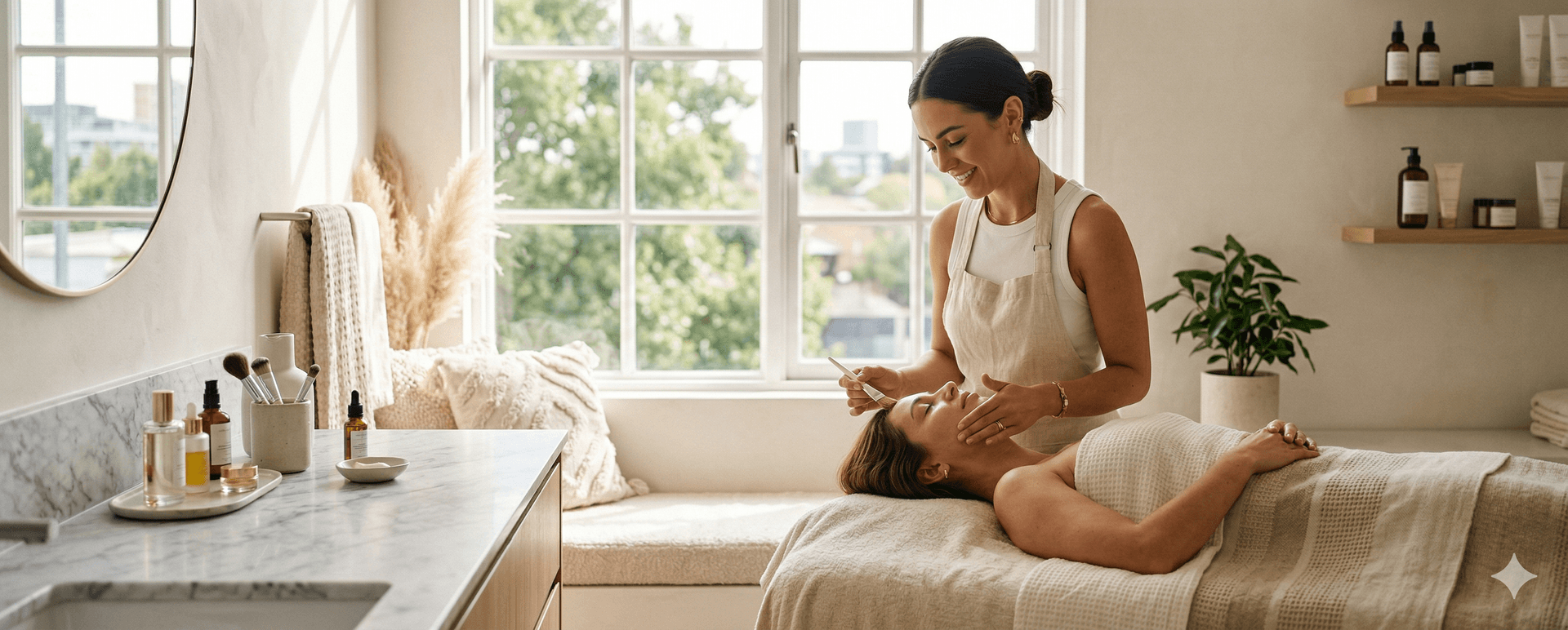 Esthetician providing a skincare treatment in a bright studio
